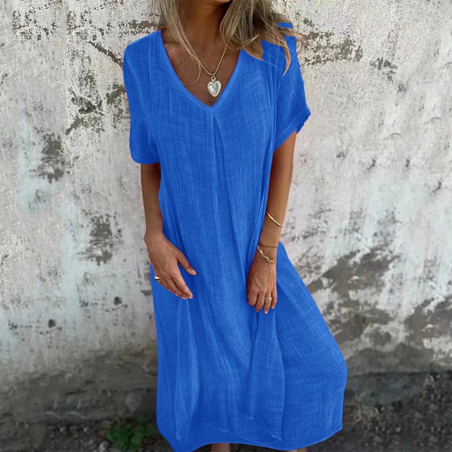 JuliaFashion - Women's Summer Cotton Linen Short Sleeve Loose Simple Solid Color Long Pullover Casual Loose T-Shirt Dress
