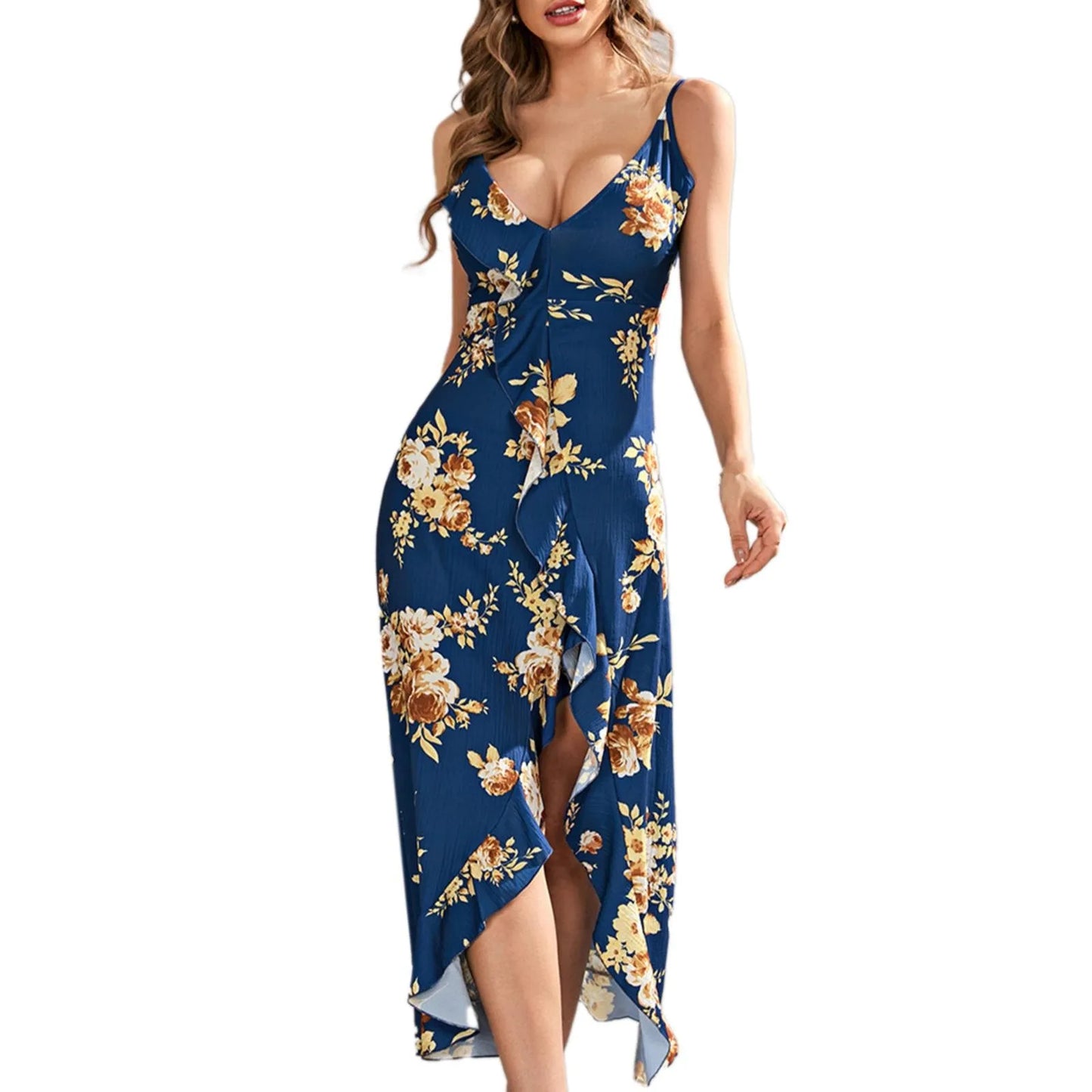 JuliaFashion - Women Summer V-Neck Mid-Calf Casual Printed High Waist Ruffles Sleeveless Sexy Slip All-Match Women's Clothing Dress