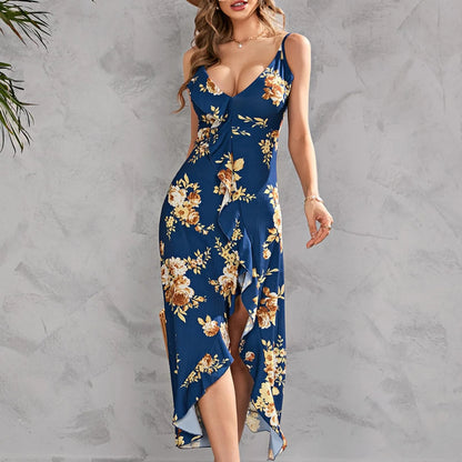 JuliaFashion - Women Summer V-Neck Mid-Calf Casual Printed High Waist Ruffles Sleeveless Sexy Slip All-Match Women's Clothing Dress