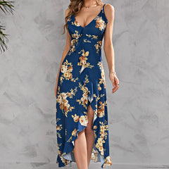 JuliaFashion - Women Summer V-Neck Mid-Calf Casual Printed High Waist Ruffles Sleeveless Sexy Slip All-Match Women's Clothing Dress