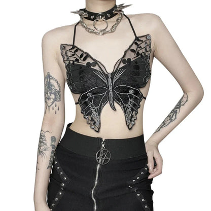 Gothic Black Butterfly-Shape Sexy Backless Crop Halter Strappy Top