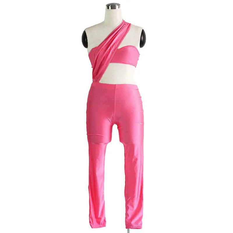 JuliaFashion - Pink One Shoulder Sexy Hollow Out Bandage Jumpsuits