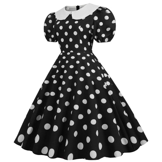JuliaFashion - Women Summer Polka Dot Print Short Sleeve Peter Pan Collar Casual Loose Party Vintage Midi Swing Robe Femme Dress