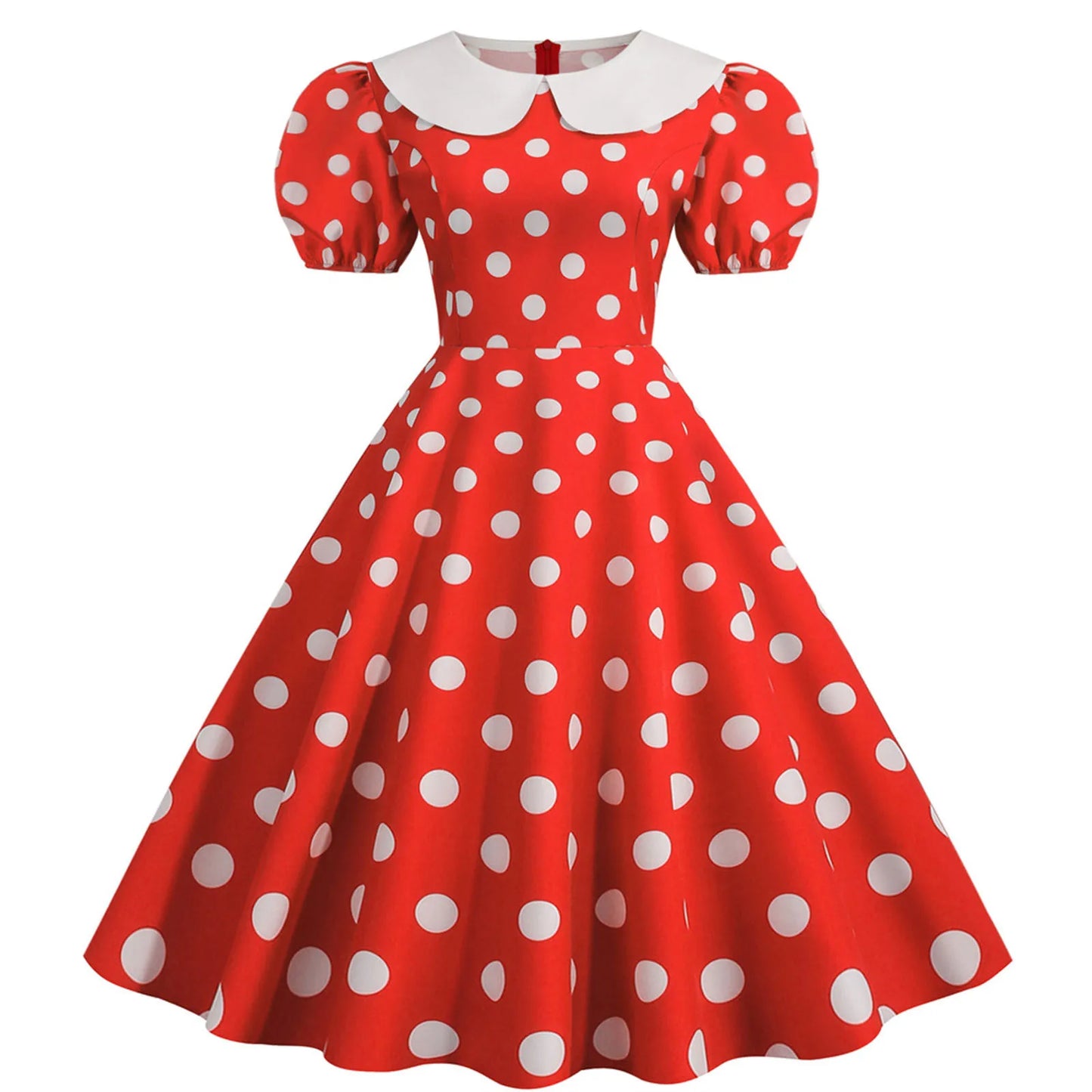 JuliaFashion - Women Summer Polka Dot Print Short Sleeve Peter Pan Collar Casual Loose Party Vintage Midi Swing Robe Femme Dress
