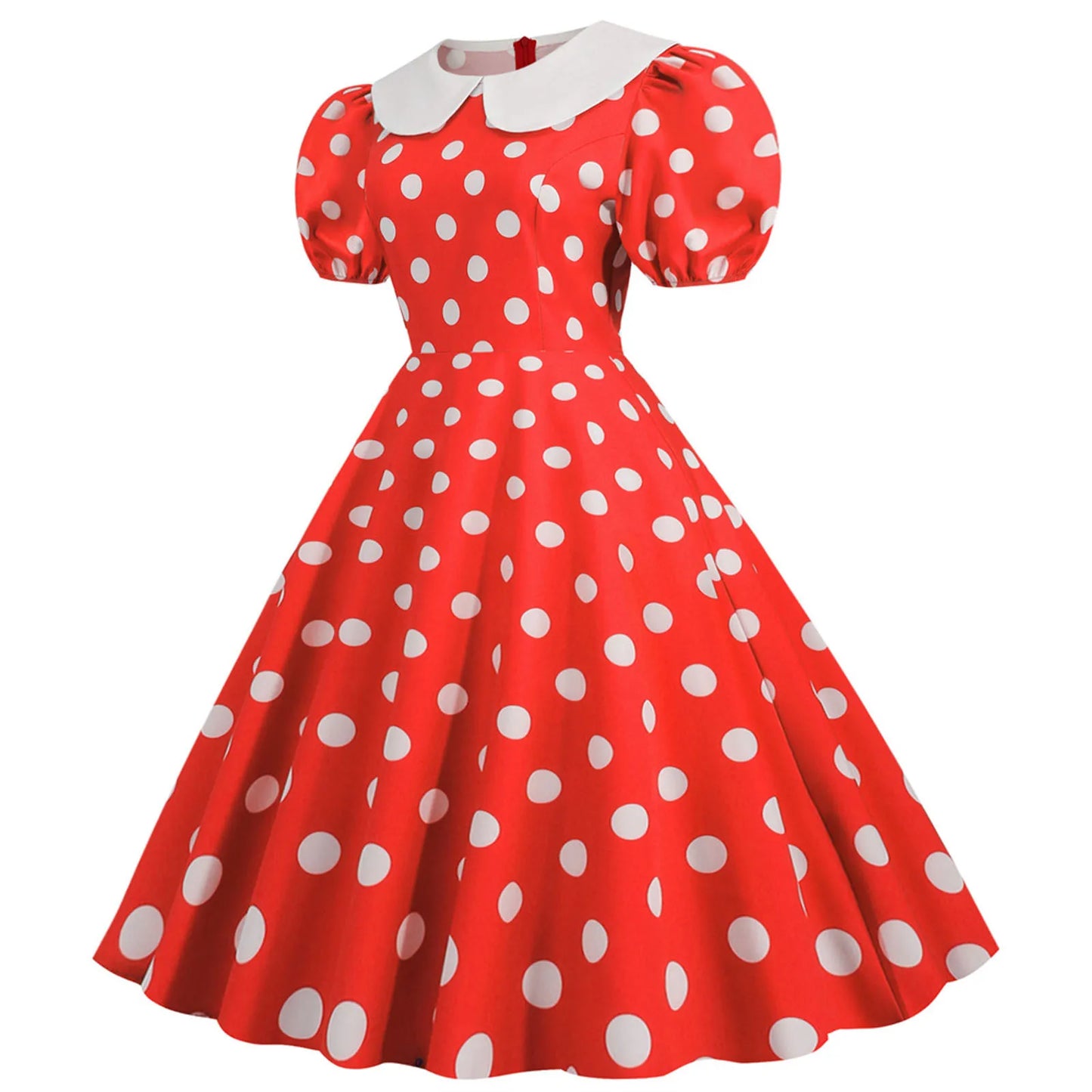 JuliaFashion - Women Summer Polka Dot Print Short Sleeve Peter Pan Collar Casual Loose Party Vintage Midi Swing Robe Femme Dress