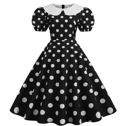 JuliaFashion - Women Summer Polka Dot Print Short Sleeve Peter Pan Collar Casual Loose Party Vintage Midi Swing Robe Femme Dress