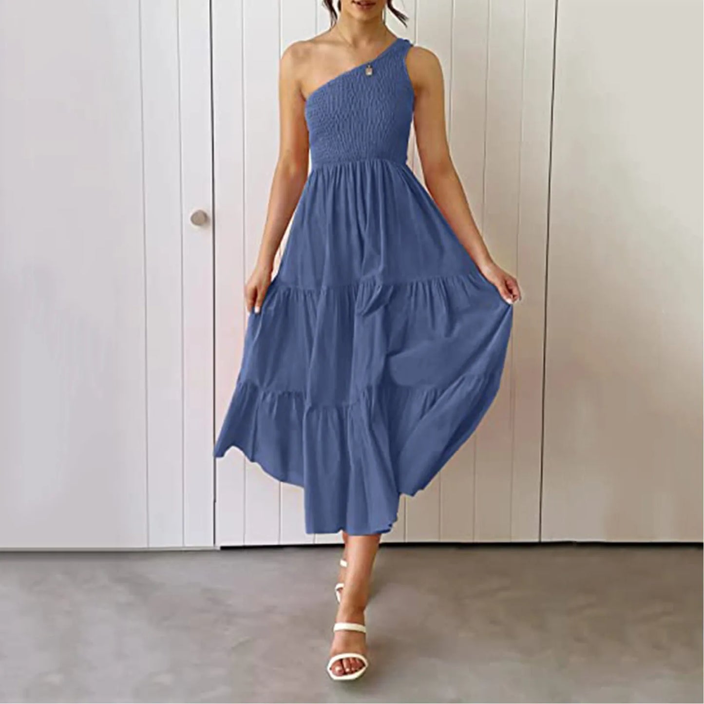 JuliaFashion - Summer Sexy One Shoulder Casual Sleeveless Solid Boho Ruffle Beach Ladies Fashion Loose Tiered Midi Dress