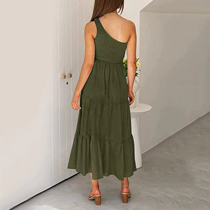 JuliaFashion - Summer Sexy One Shoulder Casual Sleeveless Solid Boho Ruffle Beach Ladies Fashion Loose Tiered Midi Dress