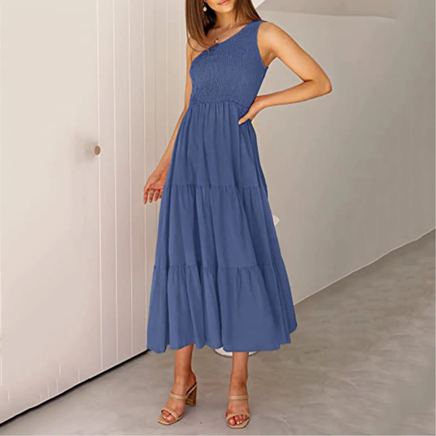 JuliaFashion - Summer Sexy One Shoulder Casual Sleeveless Solid Boho Ruffle Beach Ladies Fashion Loose Tiered Midi Dress