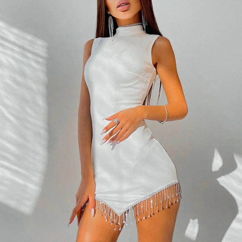 Sexy Summer Contrast Color Rhinestones Mini Dress Women Round Neck Sleeveless Christmas Party