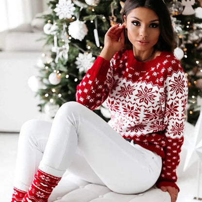 Snowflake Printed Long Sleeve O Neck Ladies Jumper Christmas Sweater