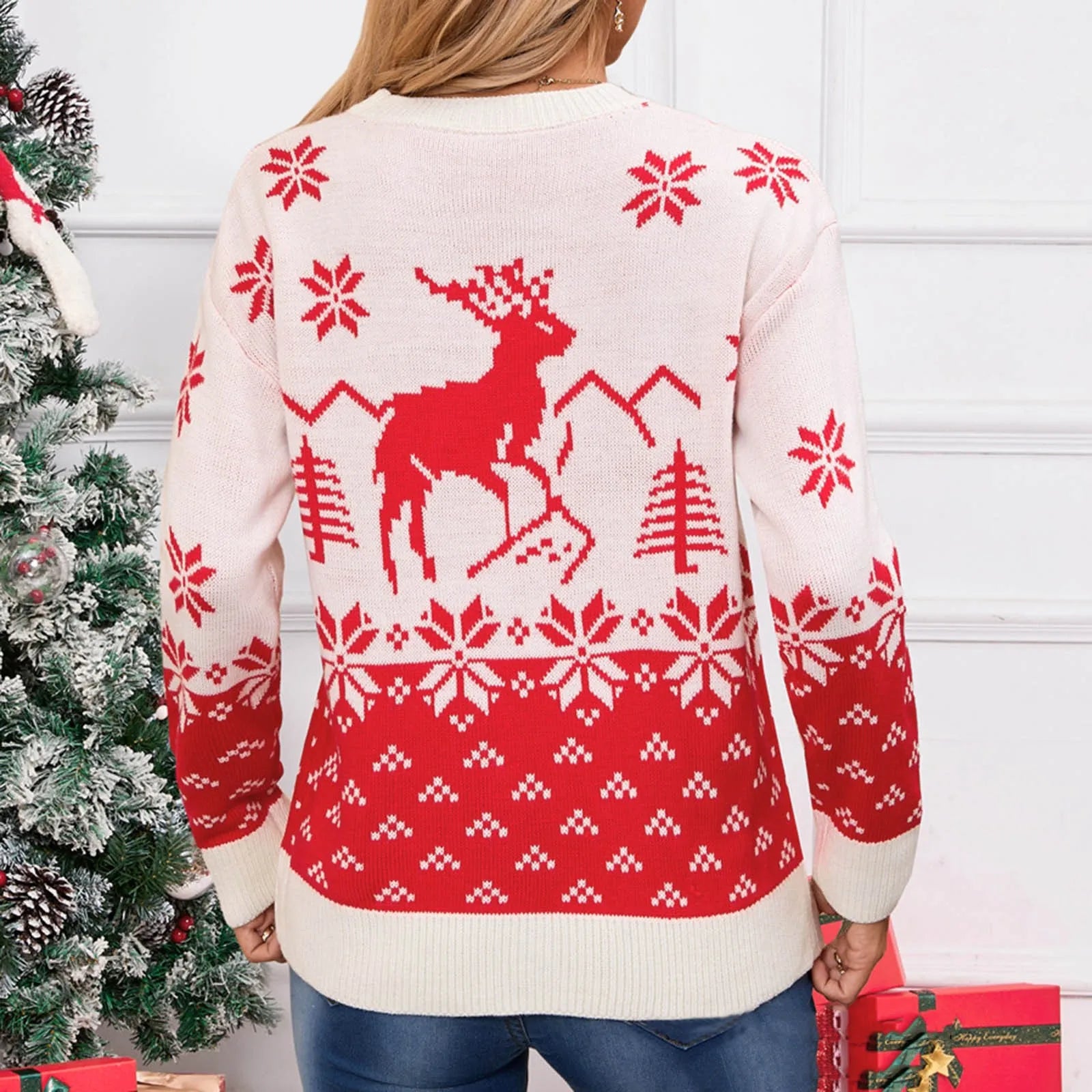 Christmas Snowflake Printed Long Sleeve O Neck Ladies Jumper Sweater Sweaters-L