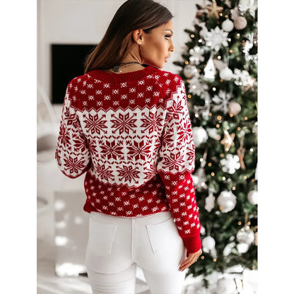 Christmas Snowflake Printed Long Sleeve O Neck Ladies Jumper Sweater Sweaters-L