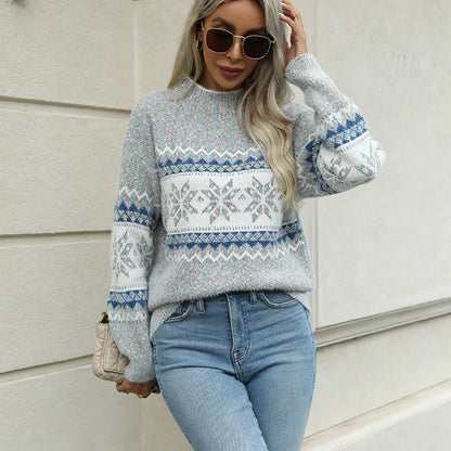 Mock Neck Long Sleeve Street Fashion Christmas Snowflake Jacquard Sweater Gray / S Sweaters-L