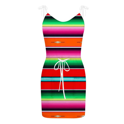 JuliaFashion - Women V Neck Striped Rainbow Mini Fashion Spaghetti Strap Sleeveless Summer Drawstring Tank With Pocket Casual Dress