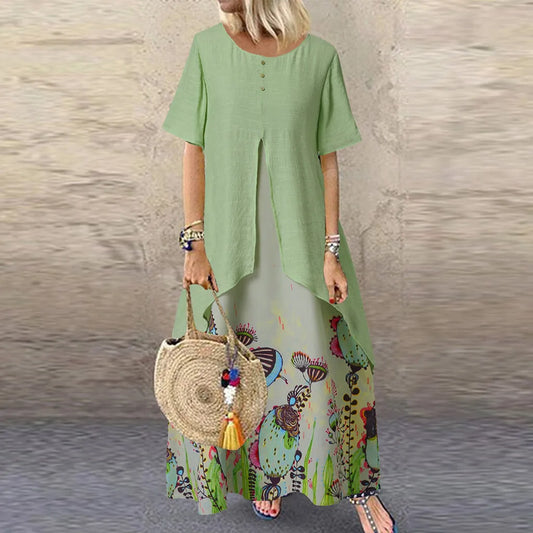 JuliaFashion - Vintage Elegant Fake Two Piece Floral Print Short Sleeve O-Neck Long Loose Beach Vestidos Female Clothing Dress