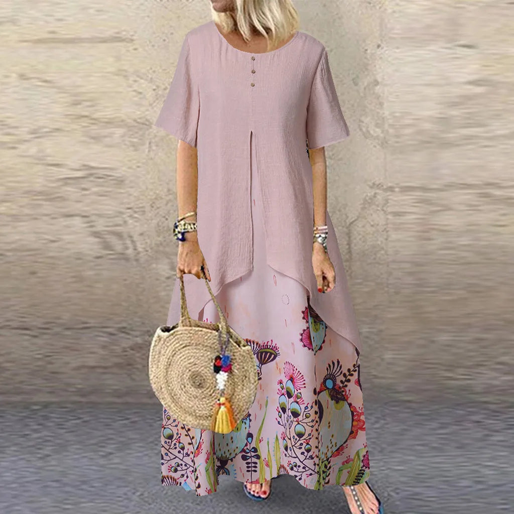 JuliaFashion - Vintage Elegant Fake Two Piece Floral Print Short Sleeve O-Neck Long Loose Beach Vestidos Female Clothing Dress
