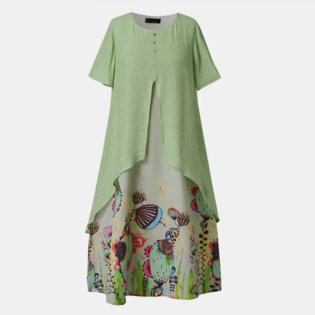 JuliaFashion - Vintage Elegant Fake Two Piece Floral Print Short Sleeve O-Neck Long Loose Beach Vestidos Female Clothing Dress