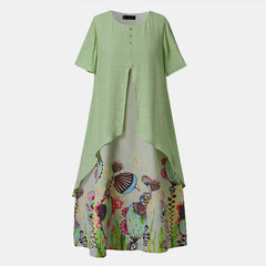 JuliaFashion - Vintage Elegant Fake Two Piece Floral Print Short Sleeve O-Neck Long Loose Beach Vestidos Female Clothing Dress