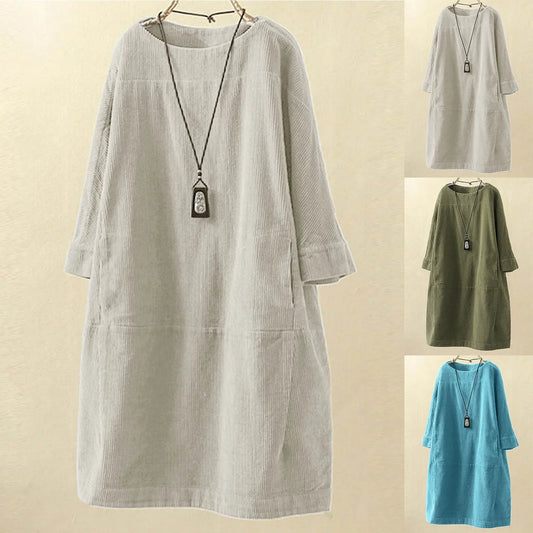 JuliaFashion - Women Vintage Loose Pockets Corduroy Solid Color Long Sleeve Round Neck Casual T Shirts Women Summer Autumn Clothes Dress