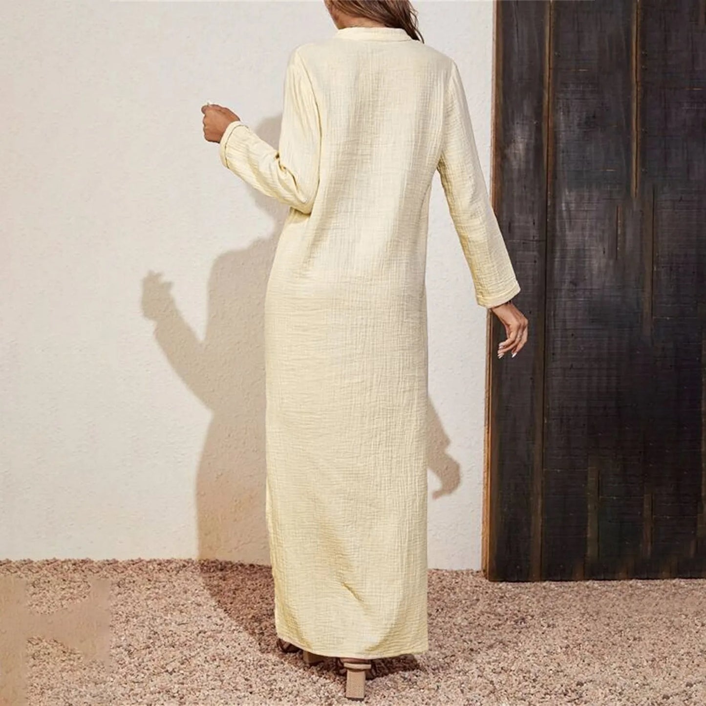 JuliaFashion - Women Vintage Oversized Loose Solid Color Casual 2024 Spring Autumn Trendy V Neck Long Sleeve Maxi Without Belt Dress
