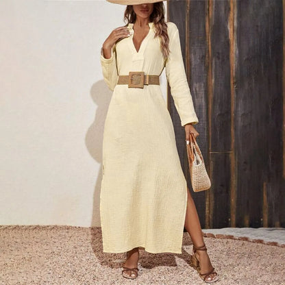 JuliaFashion - Women Vintage Oversized Loose Solid Color Casual 2024 Spring Autumn Trendy V Neck Long Sleeve Maxi Without Belt Dress