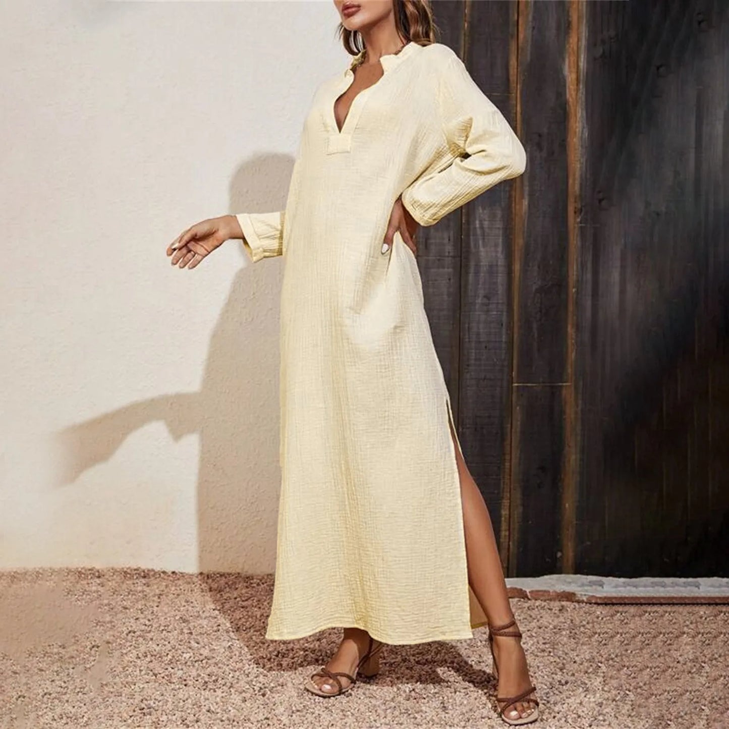JuliaFashion - Women Vintage Oversized Loose Solid Color Casual 2024 Spring Autumn Trendy V Neck Long Sleeve Maxi Without Belt Dress