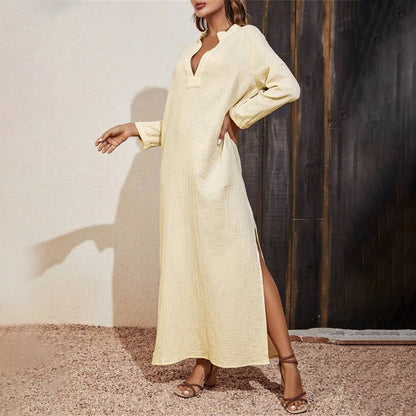 JuliaFashion - Women Vintage Oversized Loose Solid Color Casual 2024 Spring Autumn Trendy V Neck Long Sleeve Maxi Without Belt Dress