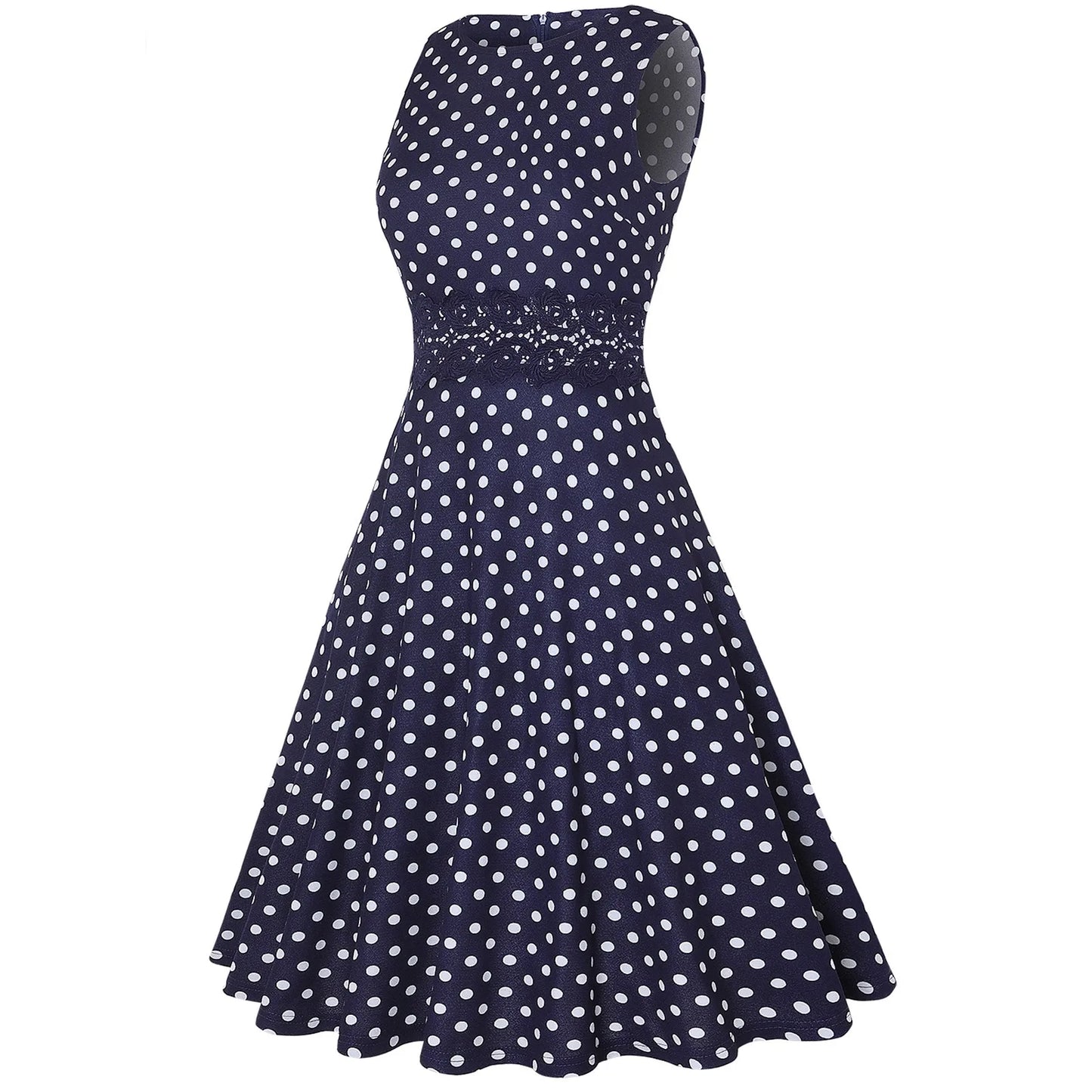 JuliaFashion - Women Vintage Polka Dot A Line Casual Round Neck Summer Elegant High Waist Patchwork Sleeveless Tunic Party Swing Dress