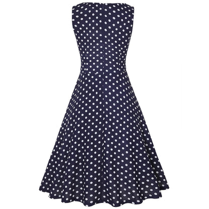 JuliaFashion - Women Vintage Polka Dot A Line Casual Round Neck Summer Elegant High Waist Patchwork Sleeveless Tunic Party Swing Dress