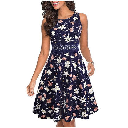 JuliaFashion - Women Vintage Polka Dot A Line Casual Round Neck Summer Elegant High Waist Patchwork Sleeveless Tunic Party Swing Dress