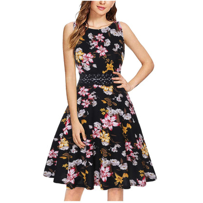 JuliaFashion - Women Vintage Polka Dot A Line Casual Round Neck Summer Elegant High Waist Patchwork Sleeveless Tunic Party Swing Dress