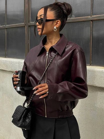 Vintage Elegant Chic Stylish Loose Zipper Leather Jacket