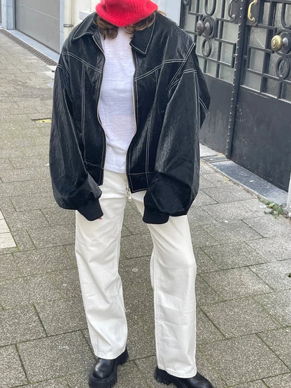 Vintage Elegant Chic Stylish Loose Zipper Leather Jacket