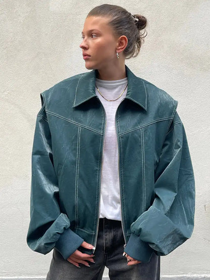 Vintage Elegant Chic Stylish Loose Zipper Leather Jacket