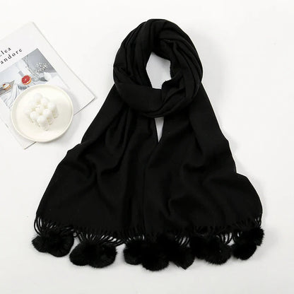 Rabbit Fur Ball Cashmere Pompom Oversize Blanket Scarf For Women Black Scarfs-L