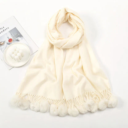 Rabbit Fur Ball Cashmere Pompom Oversize Blanket Scarf For Women Apricot Scarfs-L
