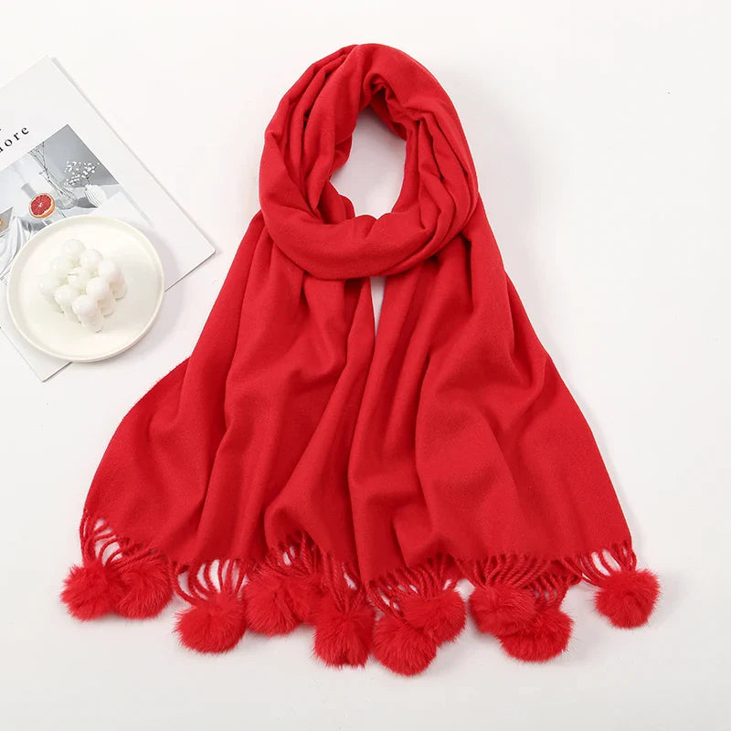Rabbit Fur Ball Cashmere Pompom Oversize Blanket Scarf For Women Red Scarfs-L