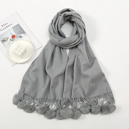Rabbit Fur Ball Cashmere Pompom Oversize Blanket Scarf For Women Grey Scarfs-L
