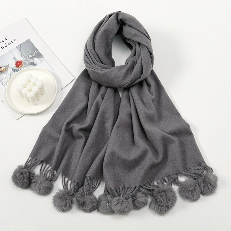 Rabbit Fur Ball Cashmere Pompom Oversize Blanket Scarf For Women Dark Grey Scarfs-L