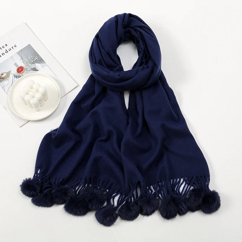 Rabbit Fur Ball Cashmere Pompom Oversize Blanket Scarf For Women Dark Blue Scarfs-L
