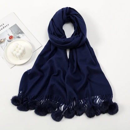 Rabbit Fur Ball Cashmere Pompom Oversize Blanket Scarf For Women Dark Blue Scarfs-L