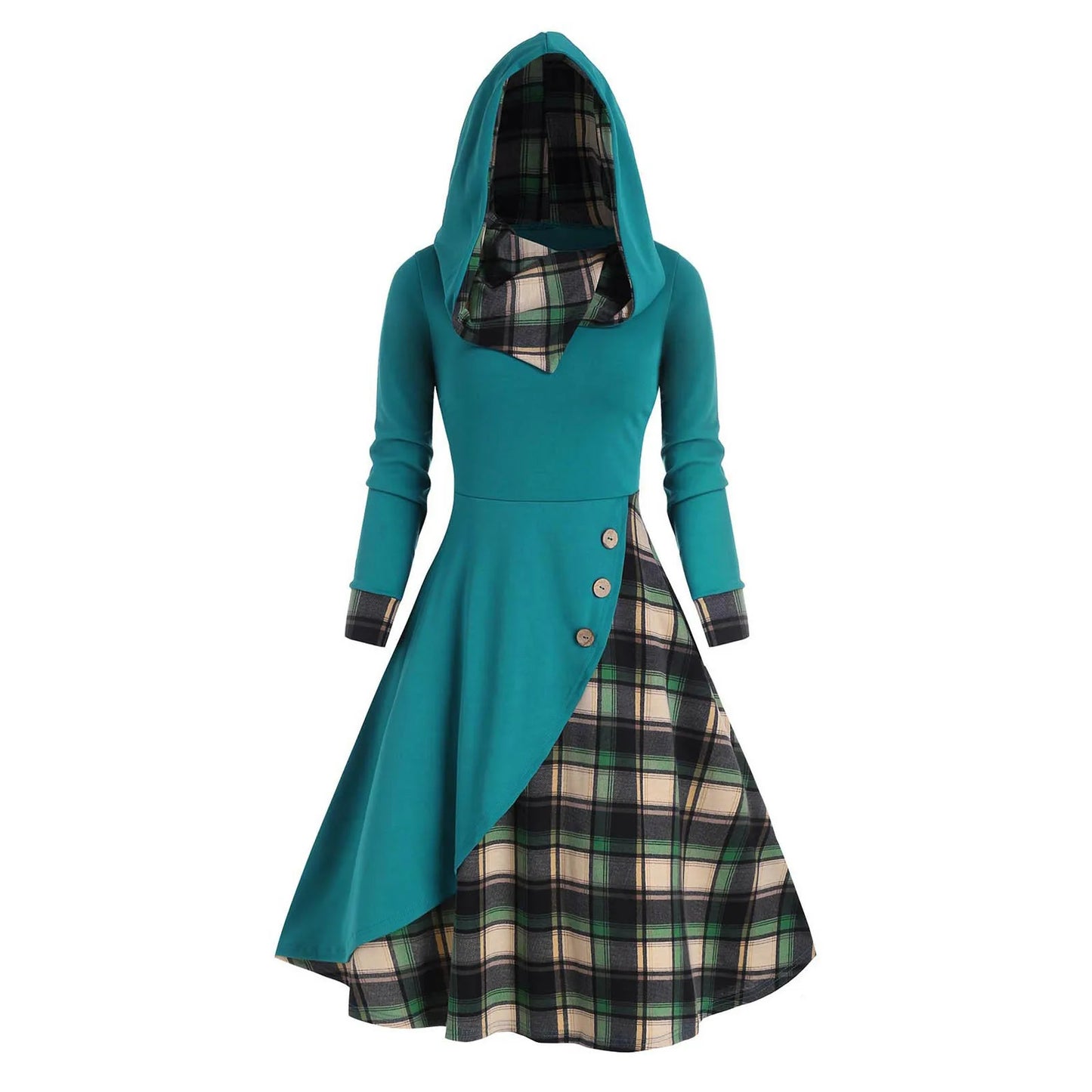 JuliaFashion - Y2K Hooded Button Overlap Plaid Gothic Punk Halloween Cosplay Dress