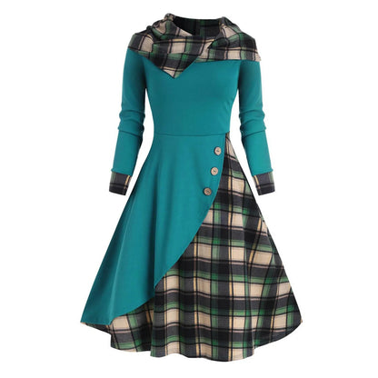 JuliaFashion - Y2K Hooded Button Overlap Plaid Gothic Punk Halloween Cosplay Dress
