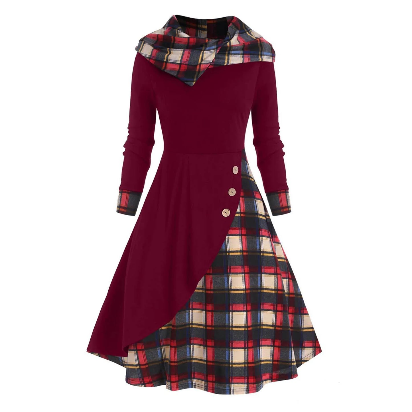 JuliaFashion - Y2K Hooded Button Overlap Plaid Gothic Punk Halloween Cosplay Dress