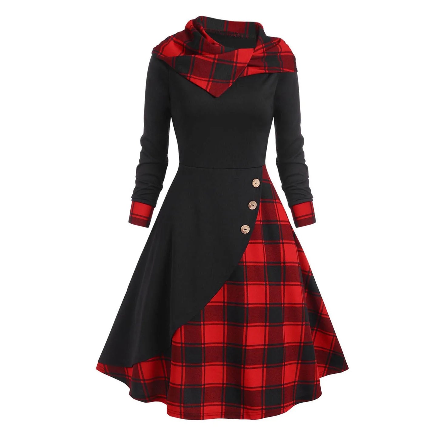 JuliaFashion - Y2K Hooded Button Overlap Plaid Gothic Punk Halloween Cosplay Dress