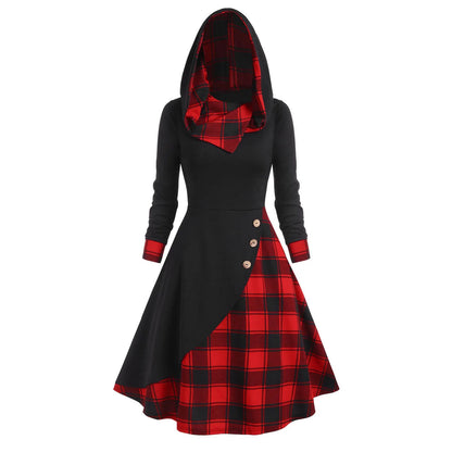 JuliaFashion - Y2K Hooded Button Overlap Plaid Gothic Punk Halloween Cosplay Dress