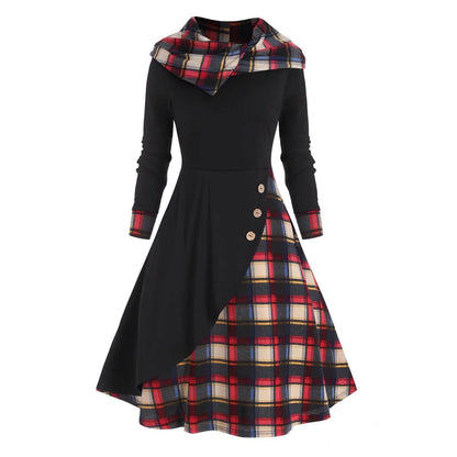 JuliaFashion - Y2K Hooded Button Overlap Plaid Gothic Punk Halloween Cosplay Dress