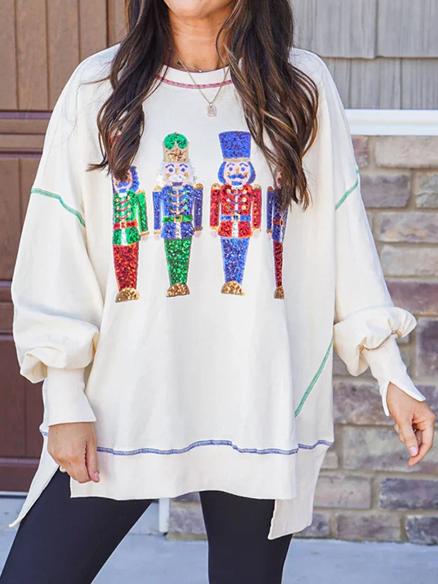 Y2K Nutcracker Graphic Sequin Long Sleeve Crewneck Pullover Christmas Hoodie White / S Hoodies-L