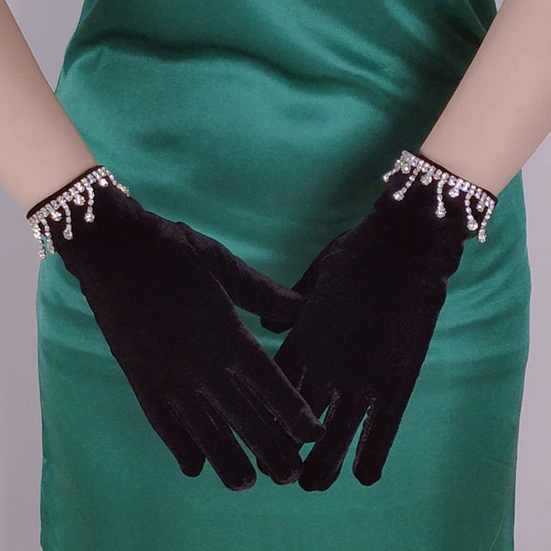 Golden Velvet Tassel Rhinestone Full Finger Christmas Glove For Makeup Party Opera Dance Black /